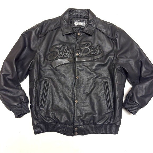 RARE Schott NYC Bros Jacket Mens XL Black Leather Bomber Moto Biker Basketball